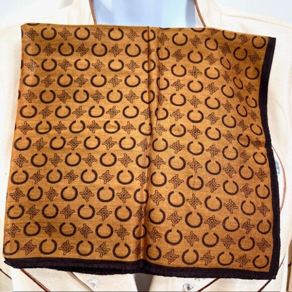 New Unused Celine Paris Mini Scarf/Handkerchief Cotton 19" Coffee Brown Logo(66 - Picture 1 of 5